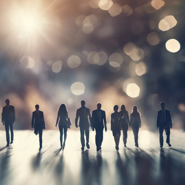 Business team silhouettes walking toward the light