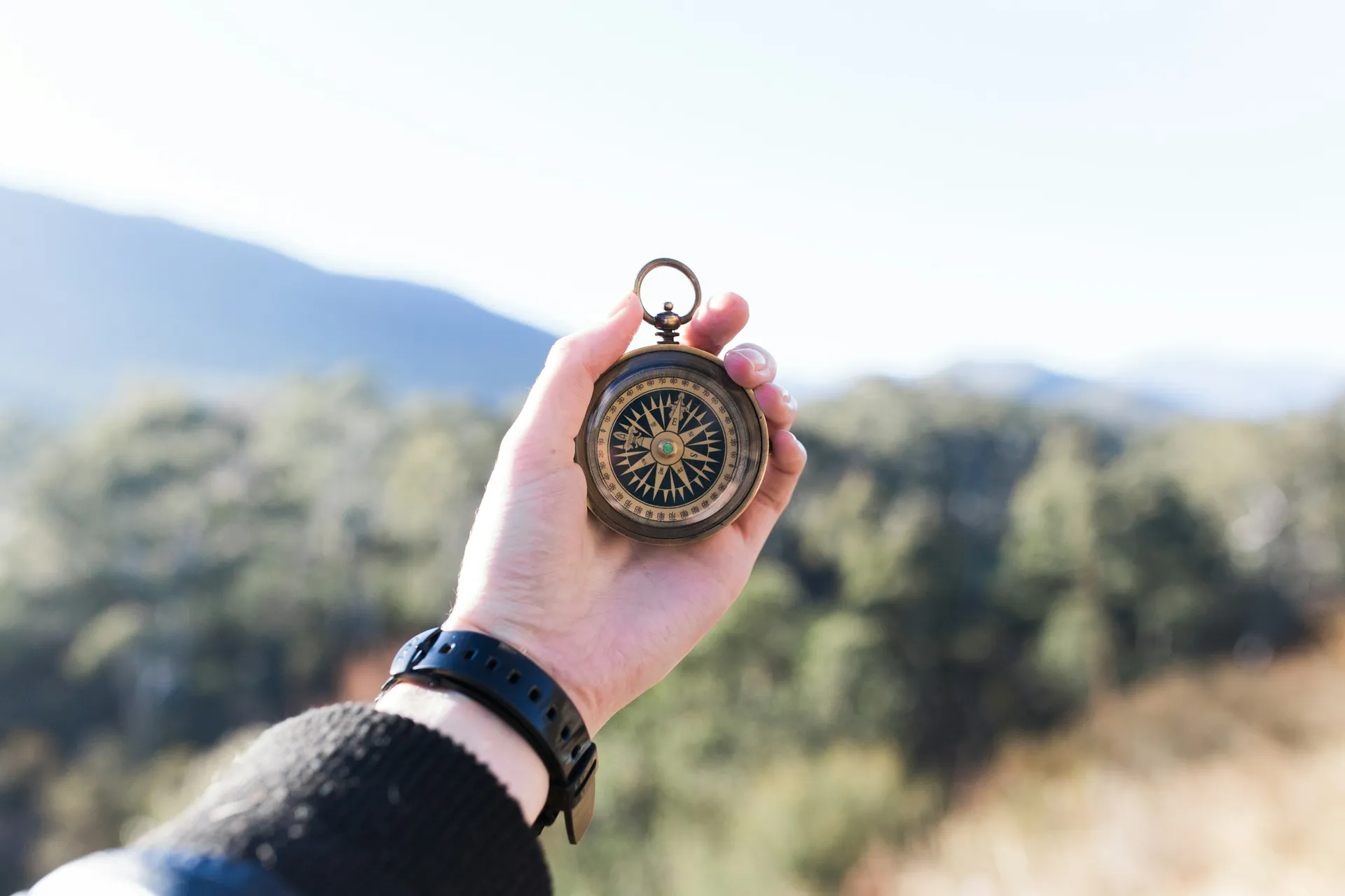 Hand holding a compass